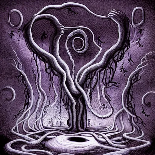Image similar to lovecraftian eldritch being, made of dark matter, formless and amorphous, beautiful, realistic eerie fantasy illustration