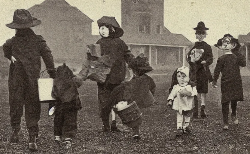 Prompt: Vintage postcard of children trick-or-treating, hi-res scan, stark composition, sepia tone, eerie lighting,