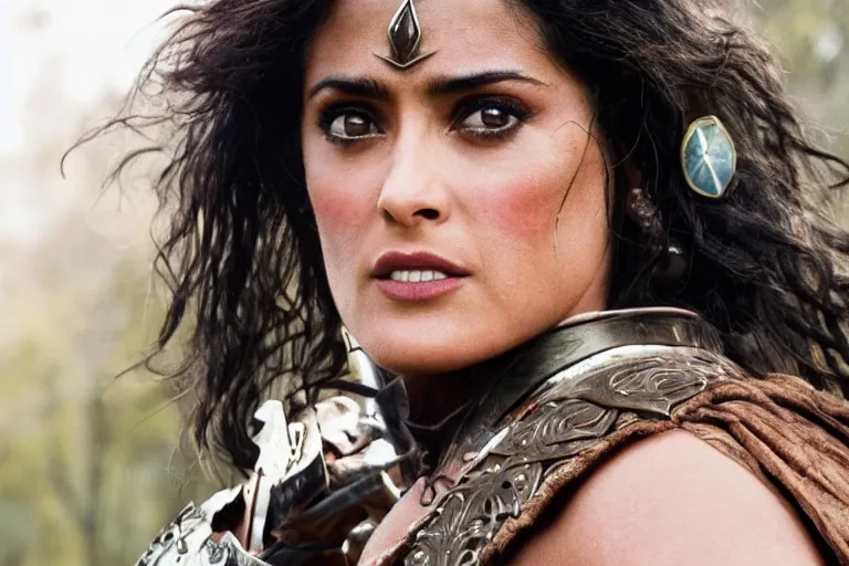 Prompt: photo of salma hayek as beautiful barbarian warrior princess in a battle scene, detailed eyes, depth of field, photorealistic, cinematic lighting, lovely bokeh, warm colours, dusk, lord of the rings