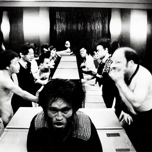 Image similar to George Costanza throwing a table, frantic, chaotic, ethereal, b&w, 35mm film!!!!!!!!, are-bure-boke!!!!!!!!, by Daido Moriyama!!!!!!