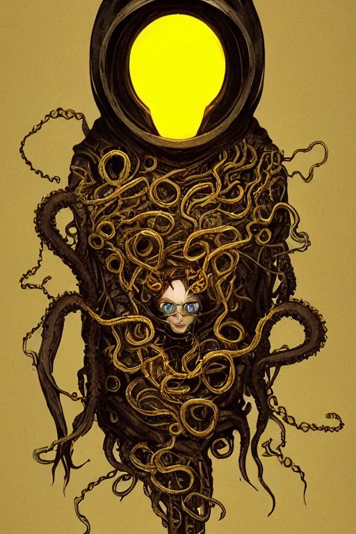 Prompt: A full body portrait of a mysterious character with no face with a very long hooded yellow cloak, a golden crown floating above his head tentacles coming out the ground art by Maciej Kuciara and Jason Chan, ominous, cosmic horror, trending on artstation, Ultra detailed, hyper realistic 4k