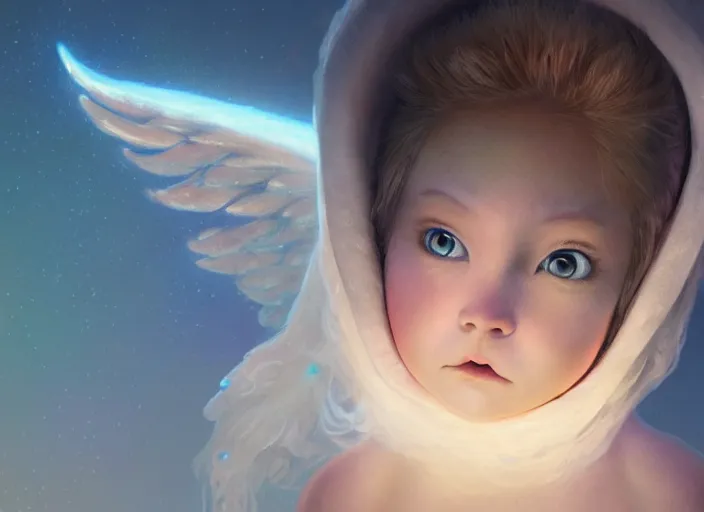 Image similar to angel baby cherub wearing a balaclava ski mask face covered role in a musical sci - fi space opera ghibli animated film, volumetric lighting, octane render by stanley artgerm lau, greg rutkowski, thomas kindkade, alphonse mucha, loish, norman rockwel,