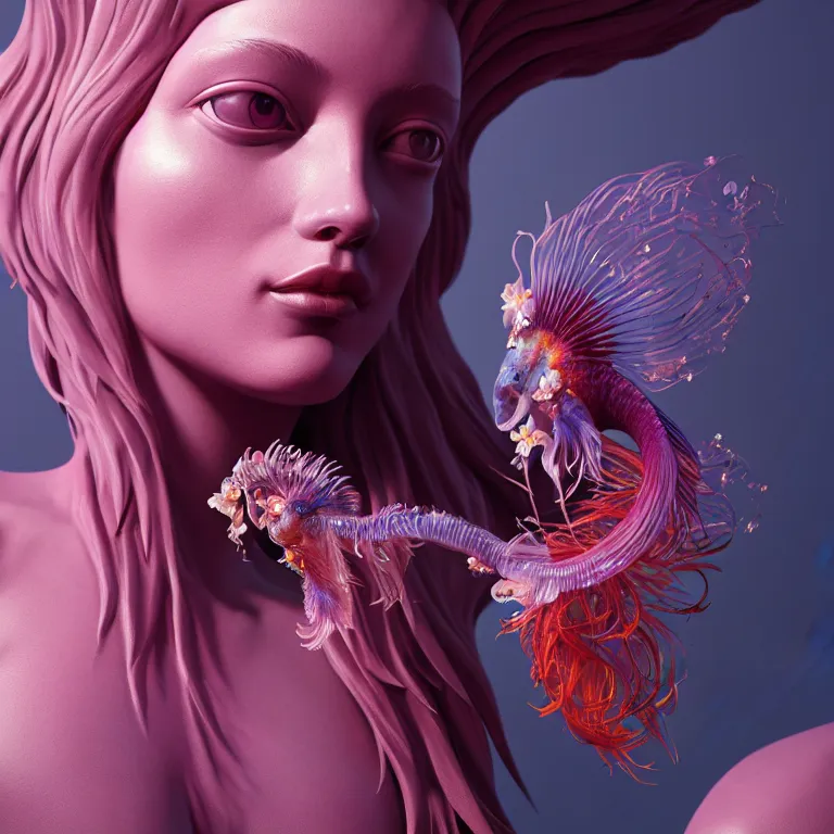 Prompt: goddess full painted acryllic sculpture close-up portrait. orchid bird phoenix jellyfish betta fish, intricate artwork by Tooth Wu and wlop and beeple. octane render, trending on artstation, greg rutkowski very coherent symmetrical artwork. cinematic, hyper realism, high detail, octane render, 8k