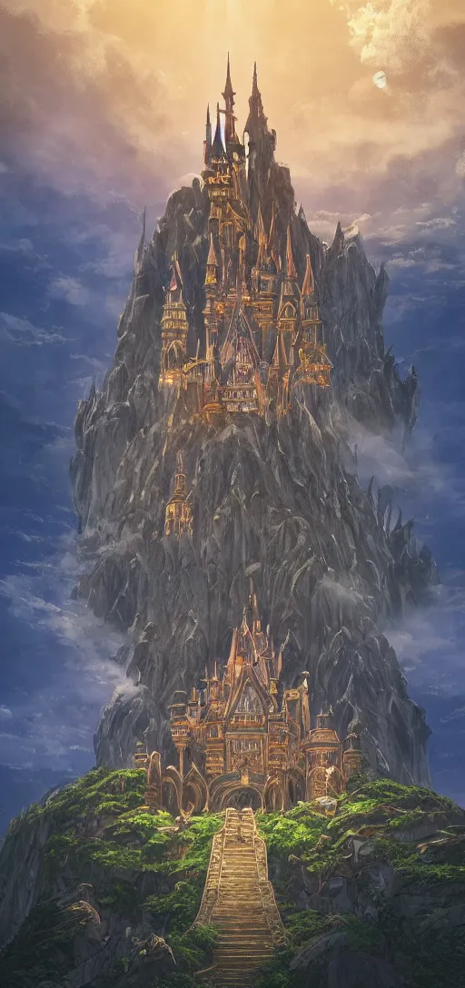 Prompt: An imposing and highly ornamented fantasy castle, Carved from Sapphire stone, Atmosphere, Dramatic lighting, Beautiful Landscape, Epic composition, Wide angle, by Miyazaki, Nausicaa, Ghibli, Breath of The Wild