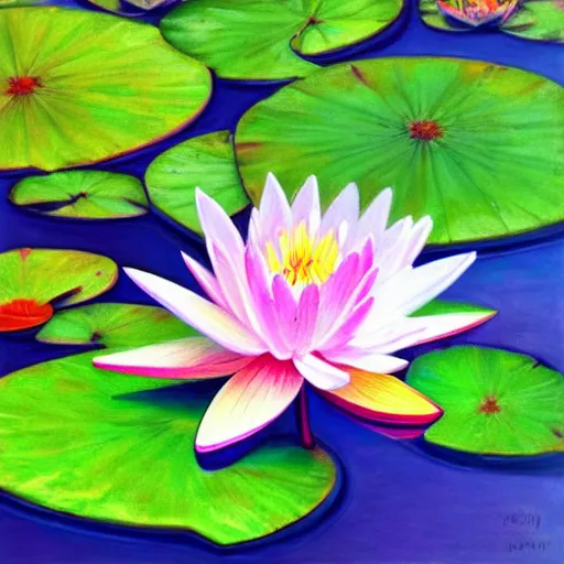 Image similar to waterlily flower, bright colors, painting, detailed, magical environment, peaceful, beautiful, artwork, realistic detail, natural lighting, brush strokes, pintrest, behance