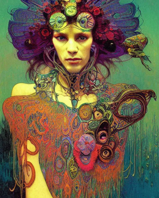 Image similar to rainbow flowerpunk portrait of a fierce old matriarch by paul lehr, beksinski, alphonse mucha