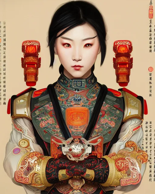 Image similar to portrait of a chinese masculine female cyberpunk machine, machine face, upper half portrait, decorated with chinese opera motifs, muscular, asian, fine china, wuxia, traditional chinese art, intricate intense elegant, highly detailed symmetry headpiece digital painting artstation concept art smooth sharp focus illustration, art by artgerm and greg rutkowski alphonse mucha 8 k