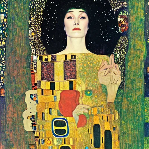 Prompt: portrait of a surreal goddess floating in the middle of a ancient wood, painting by Gustav Klimt and Andy Warhol