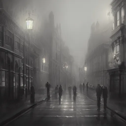 Image similar to victorian city, dark, misty, at night, 8 k, detailed, concept art, trending on artstation