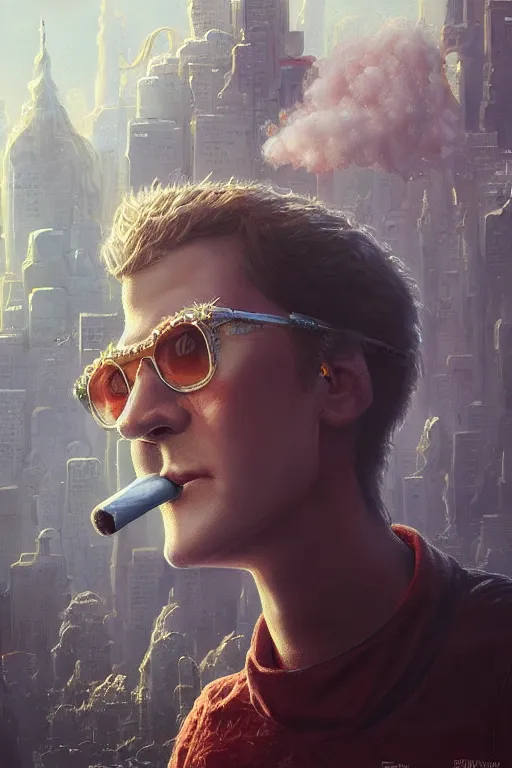 Prompt: SpongeBob SquarePants, realistic and ultra intricate detailed soft painting, volumetric lighting, mist, cityscape background, Artstation, Tom Bagshaw Yasushi Nirasawa Moebius artstyle, unreal render, depth of field smoking a cigarette, wearing sunglasses,