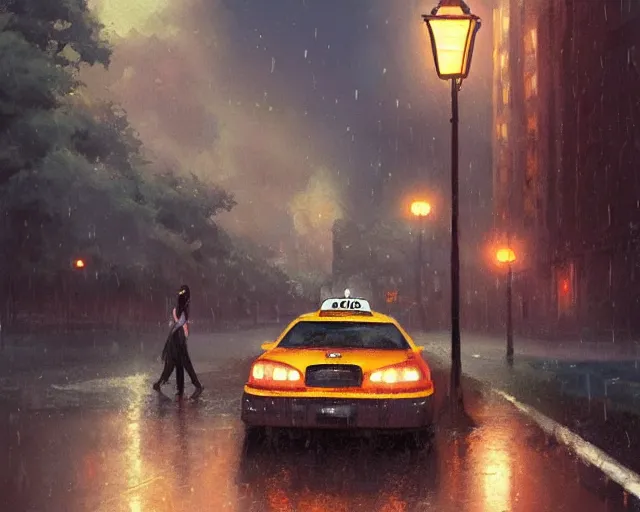 Image similar to one single taxi cab driving down a rainy country road, gaslight, street lamps. Anime, By Makoto Shinkai, Stanley Artgerm Lau, WLOP, Rossdraws, James Jean, Andrei Riabovitchev, Marc Simonetti, krenz cushart, Sakimichan, trending on ArtStation, digital art.