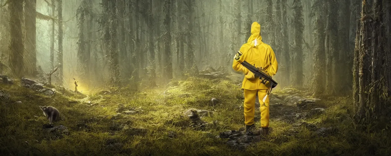 Prompt: portait of a cute humanoid cat soldier wearing a yellow raincoat, venturing through a dense forest, carrying a rifle. realistic 4 k octane render, epic composition, magical atmosphere, ultra hd, masterpiece by petros afshar and dean ellis, trending on artstation, looking back over shoulder, pastel colors, extremely detailed, gorgeous