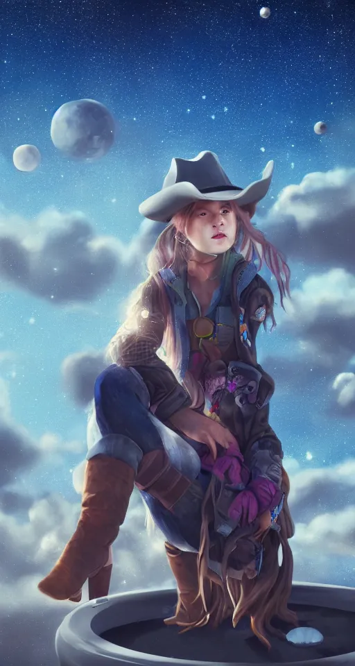 Prompt: a young cowgirl sitting on top of her spaceship, stars and galaxies visible, sad and introspective, highly detailed, artstation, stunning, 8 k