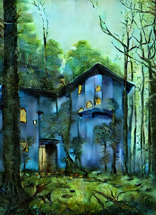 Image similar to hyper realistic witchy modern house with mood lighting and tech in the woods gorgeous lighting, blue sky, highly detailed, lush forest foliage painting by zdzisław beksinski and norman rockwell and greg rutkowski weta studio, and lucasfilm