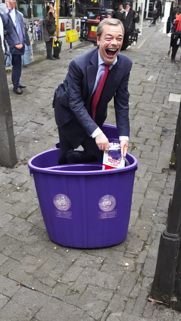 Image similar to nigel farage laughing maniacally whilst standing inside a bin on the street