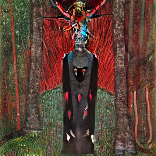 Image similar to A tall, dark forest god, with antlers, red eyes, forest, 3am, mist, moon, dark forest, red eyes in the style of Klimt