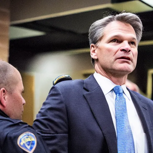 Image similar to fbi director Christopher wray getting arrested by police agents, photo 85mm, f/1.3