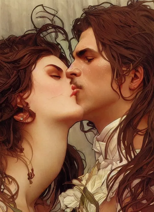 Image similar to a kiss. close up on highly detailed faces. painting by artgerm and greg rutkowski and alphonse mucha.