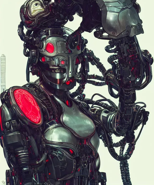 Prompt: a mechanical geisha portrait wearing sci fi armor, front facing!!!, ghost in the shell,cyberpunk , scifi, intricate cyberpunk armor, elegant, highly detailed cyberpunkbody armor, neon glowing eyes, digital painting, artstation, concept art, smooth, sharp focus, illustration, art by Artgerm and moebius and Peter Mohrbacher,