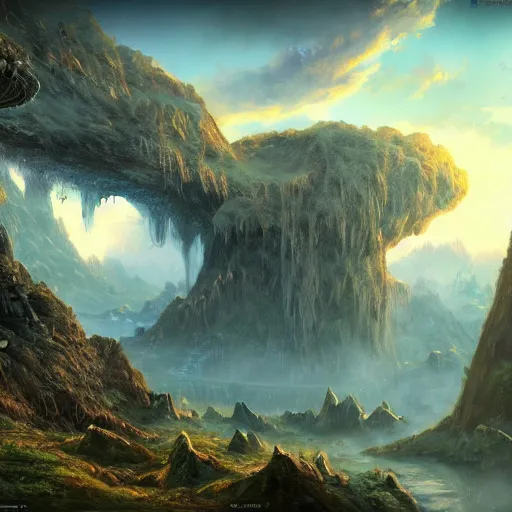 Prompt: stunning fantasy landscape, alien world, very detailed, 8k, trending on artstation