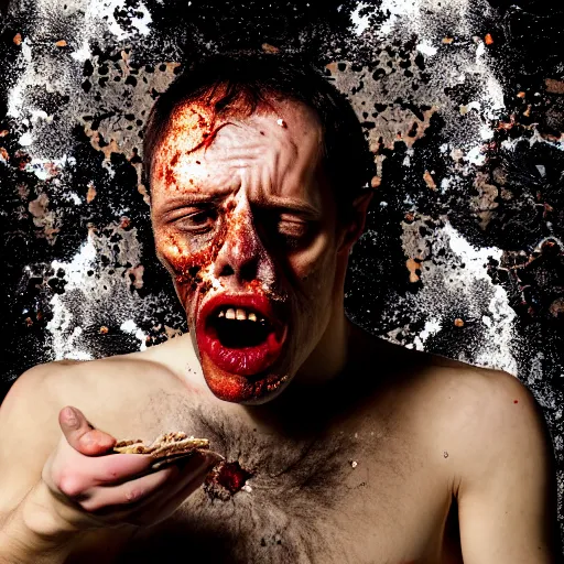 Image similar to photograph of a man with an exploded exposed head begging for food, 8k resolution, high detail, ULTRA REALISTIC VFX, reflections