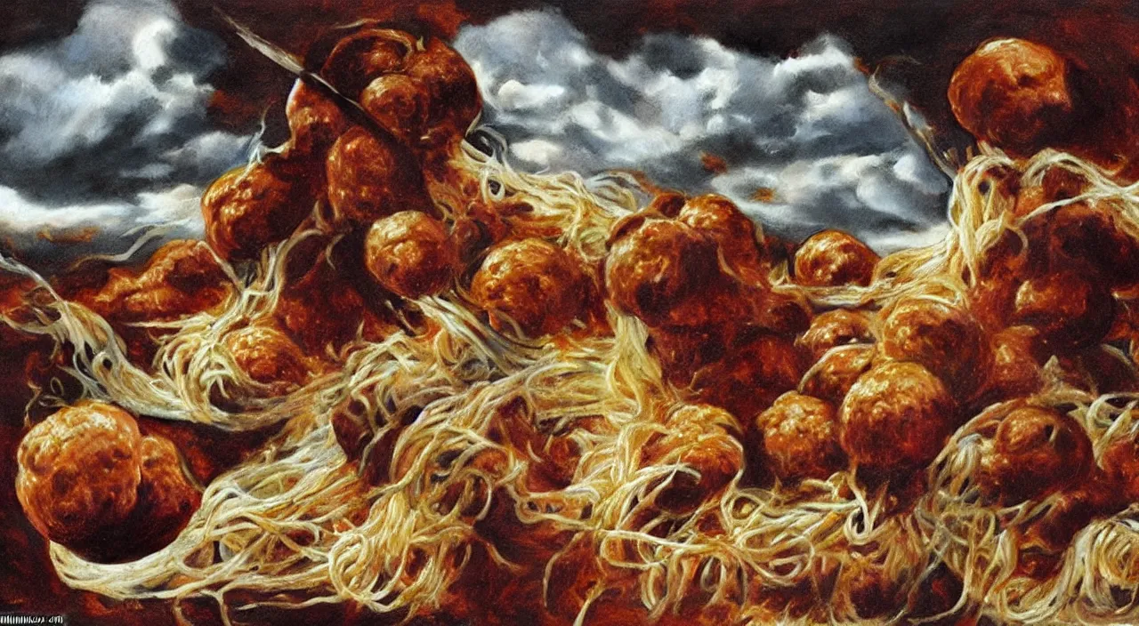 Prompt: 3 0 perfect woman bodies flying inside spaghetti bolognesa with meatballs and hundred rusted perfect woman bodies flying in stormy clouds by dali, hyper - realism