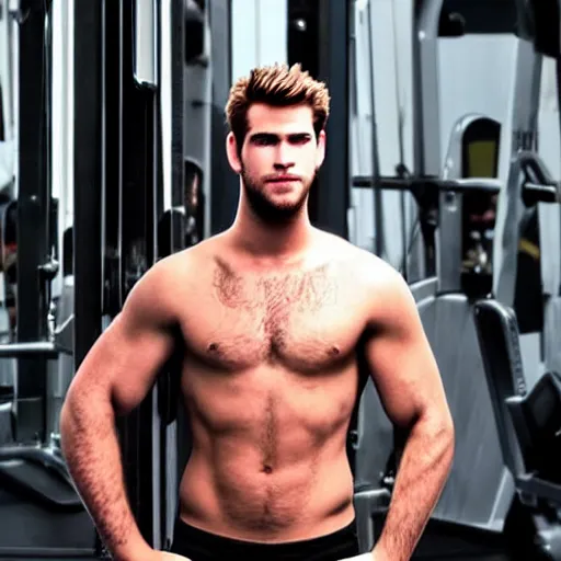 Image similar to a realistic detailed photo of a guy who is an attractive humanoid who is half robot and half humanoid, who is a male android, actor liam hemsworth, shiny skin, posing like a statue, blank stare, at the gym, on display, showing off his muscles