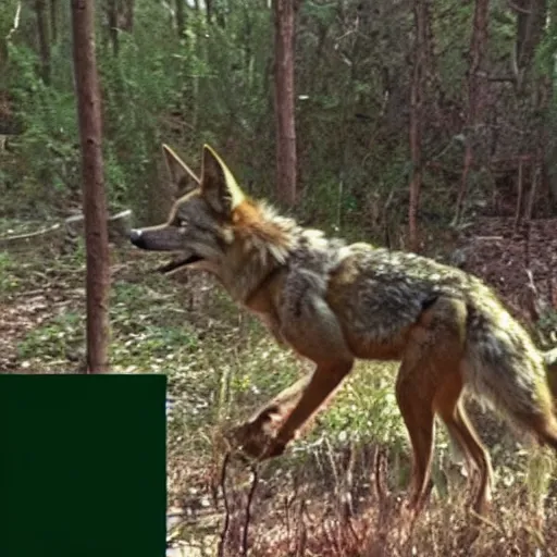 Image similar to trailcam footage of native weird distorted body Skinwalker transforming into a coyote