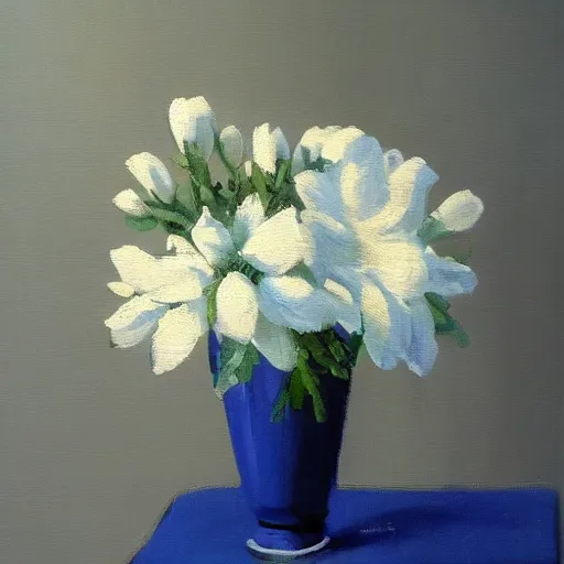 Prompt: flat painting of a vase of white flowers