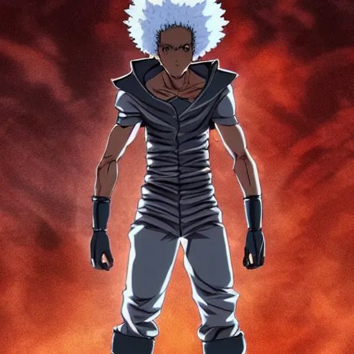 Tokyo ghoul anime style male african american character with extra dark  brown skin with black hair short afro