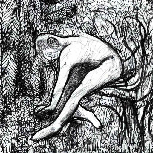 Prompt: The Thinker Sculpture covered in vibes and other plants, sitting in a dense luscious forest, B&W ink sketch, Naturalist notebook