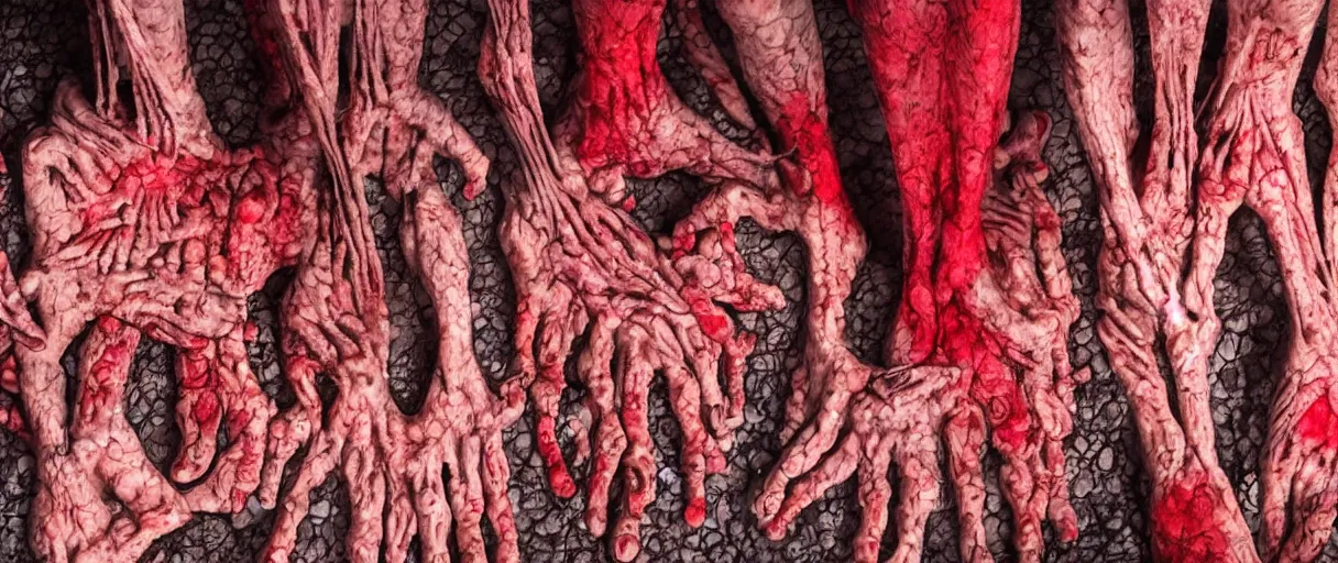 Image similar to human body entirely made up of feet, horror, scary, dark, nightmare, detail, high detail, red colors