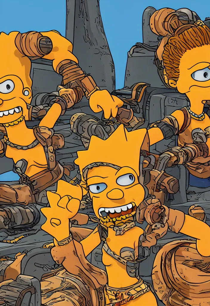 Prompt: Lisa Simpson Fury Road portrait, Borderlands screenshot 4k render