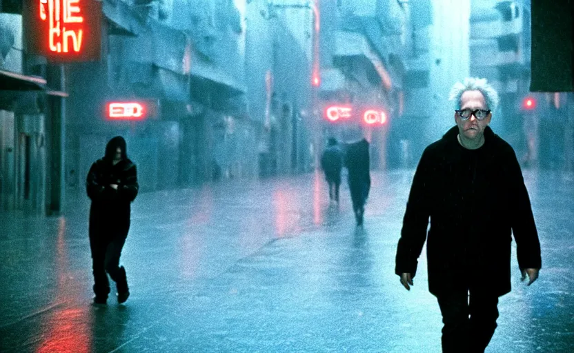 Prompt: cinestill 5 0 d candid photographic portrait by david cronenberg of todd solondz walking the streets of tel aviv, modern cyberpunk moody emotional cinematic, closeup, pouring rain menacing lights shadows, 8 k, hd, high resolution, 3 5 mm, f / 3 2, ultra realistic faces, ex machina