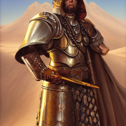 Prompt: a portrait of a paladin in the desert, stern face, D&D, digital painting by Gerald Brom, highly detailed