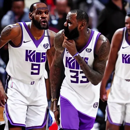 Image similar to LeBron James and Kevin Durant wearing Sacramento Kings jerseys