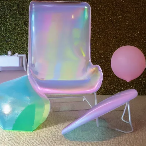 Prompt: a pastel colour high fidelity wide angle Polaroid art photo from a holiday album at a seaside with abstract inflatable parachute furniture, all objects made of transparent iridescent Perspex and metallic silver, no people, iridescence, nostalgic