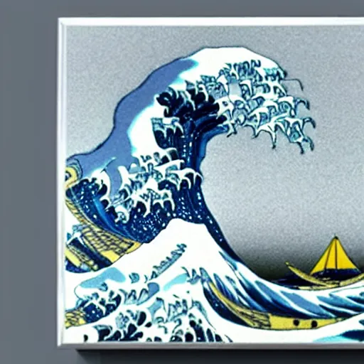 Prompt: a photo of a circular marble statue of The Great Wave off Kanagawa, in a museum, 3D, sculpture