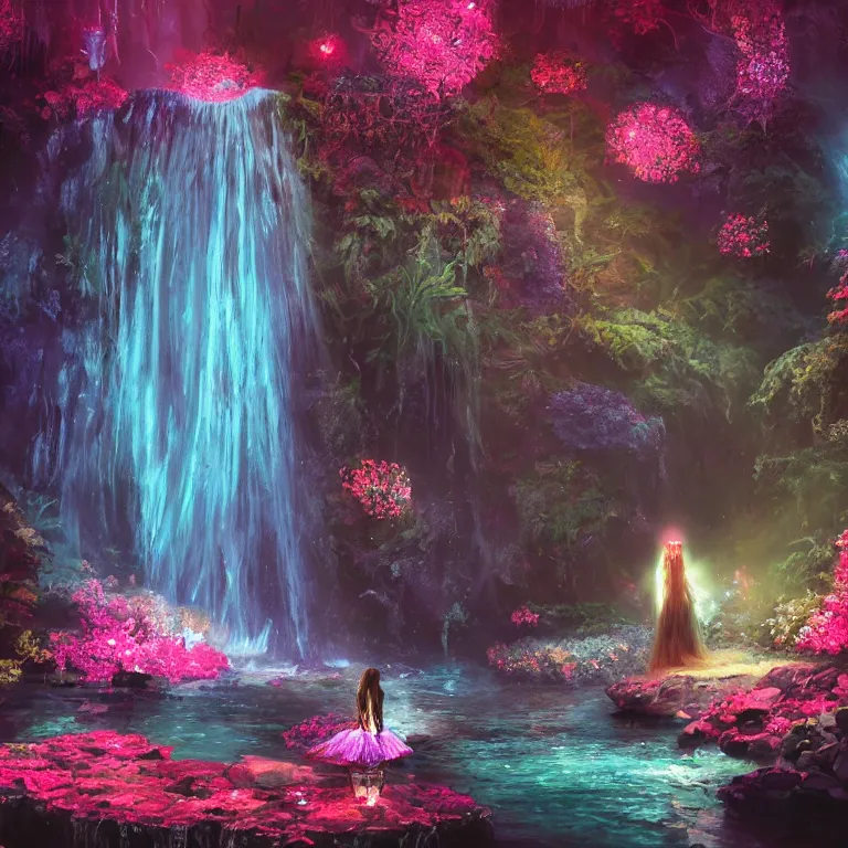 Prompt: oil painting, rich deep colors masterpiece, waterfall, night lights, gray, pink, ultra detailed, beautiful fantasy cave scene, contrast, firefly lights, neon drops, neon stones, redheaded flower girl and dress made of fresh flowers, volumetric light, neon signs, atmospheric lighting, dramatic, cinematic, steampunk, moody, octane render 4 k, 8 k