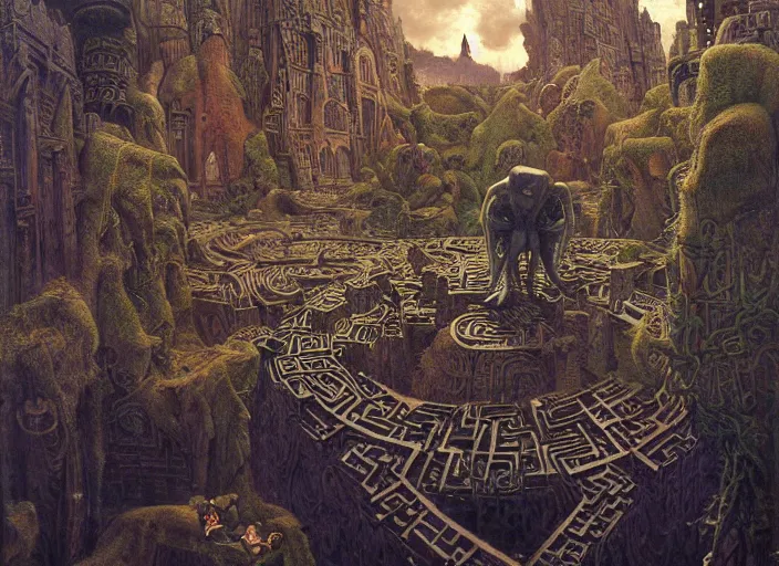 Image similar to jim henson's labyrinth an impossible maze filled with twisted turns a goblin city and a castle looming in the background by edgar maxence and caravaggio and michael whelan and delacroix style, artistic, intricate painting, cinematic lighting, hyper realistic, extremely detailed, vivid colors, establishing shot, dramatic lighting