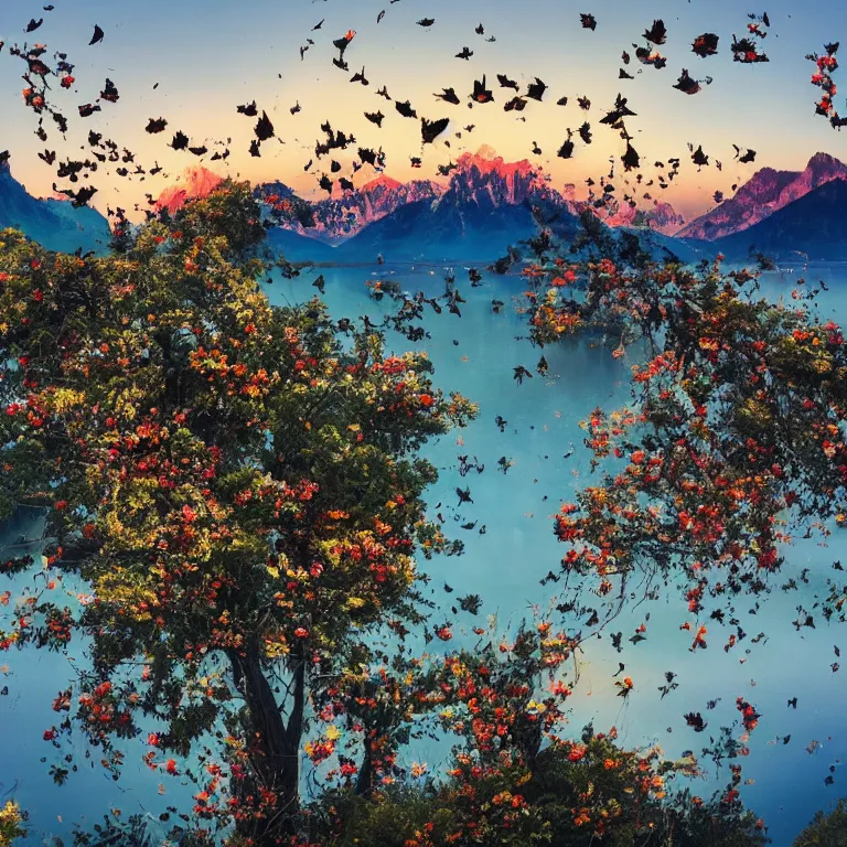 Prompt: a beautiful awesome artistic tree with falling flowers like leaves and many birds, all in the amazing outdoors view, mountain in the background, lake, long exposure, 8 k resolution, trending on artstation