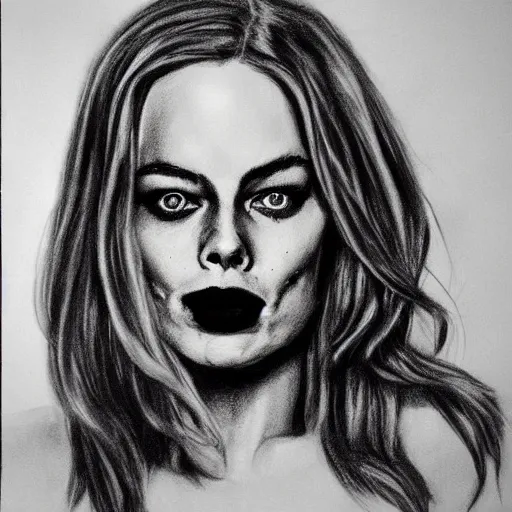 Prompt: charcoal drawing of margot robbie | horror themed | creepy