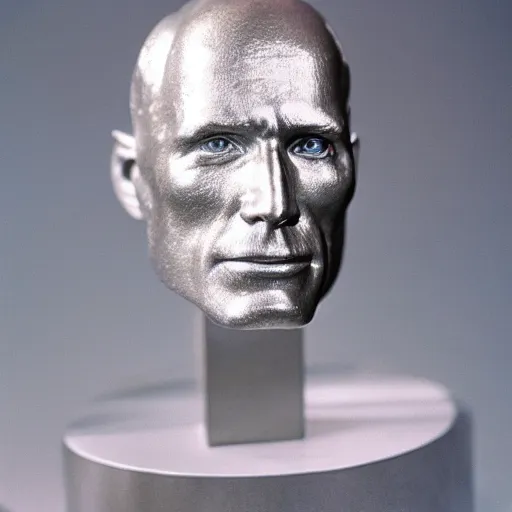 Image similar to An aluminum casted statuette of Ed Harris, studio lighting, F 1.4 Kodak Portra