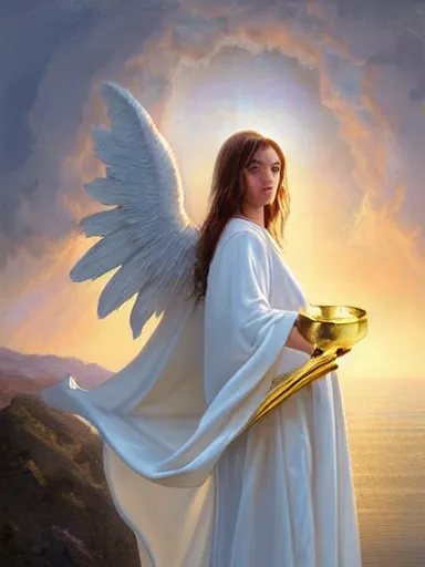 Prompt: angel with large wings and white robe holding a golden chalice. a lake with the sun rising in the background. intricate, elegant, highly detailed, digital painting, artstation, concept art, sharp focus, illustration, by justin gerard and artgerm, 8 k