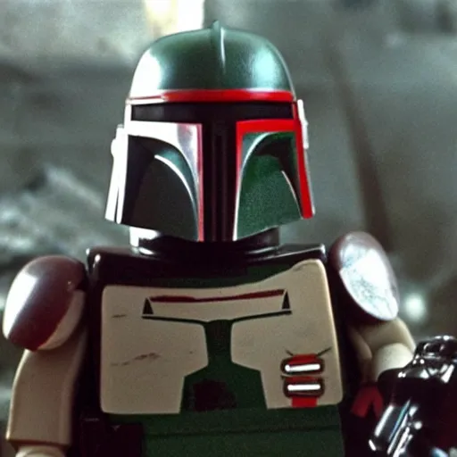 Image similar to boba fett in a scifi western saloon, movie still from star wars the empire strikes back, lego