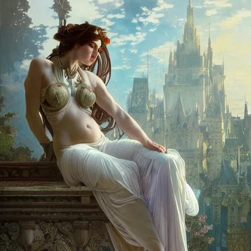 Image similar to stunning dynamic pose, a very much detailed full body of a goddess, intricate, professionally detailed, hdr, light fantasy, dynamic lighting, cinematic CG, smooth, cosplay, a very detailed elegant, sharp focus, a very detailed art by alphonse mucha and greg rutkowski