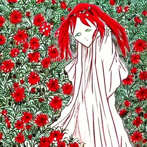 Prompt: a girl with a bridal veil covering her face. a tree of red and white flowers. folk. pastoral. gothic. vibrant. manga