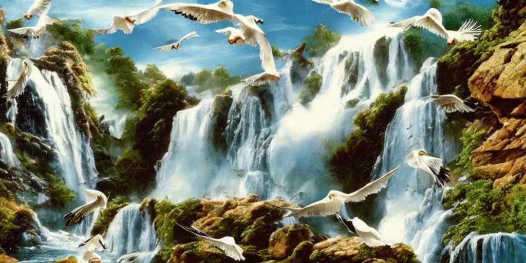 Image similar to a flock of seagulls fly over a majestic waterfall, realistic, detailed,