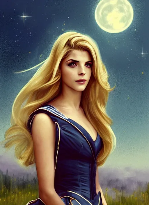 Image similar to portrait of a combination of Ashley Greene, Katheryn Winnick, Victoria Justice and Adriana Dxim, Grace Kelly, Emma Watson and Lily Collins with blonde hair as Sailor Moon, countryside, calm, fantasy character portrait, dynamic pose, above view, sunny day, thunder clouds in the sky, artwork by Jeremy Lipkin and Giuseppe Dangelico Pino and Michael Garmash and Rob Rey and Greg Manchess and Huang Guangjian, very coherent asymmetrical artwork, sharp edges, perfect face, simple form, 100mm