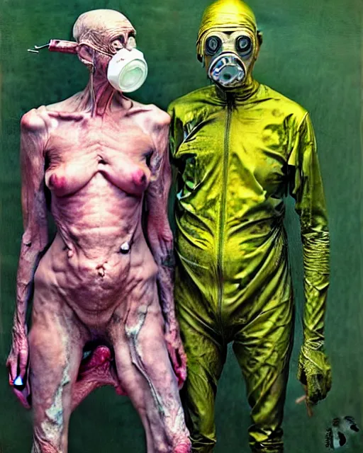 Prompt: two skinny old people with extra limbs, wearing gas masks and robes of gold, green and pink, cinematic, dystopian, eerie, horror, gothic, highly detailed painting by Jenny Saville, Esao Andrews, Francis Bacon, !!!Edward Hopper!!! surrealism, art by Takato Yamamoto and James Jean